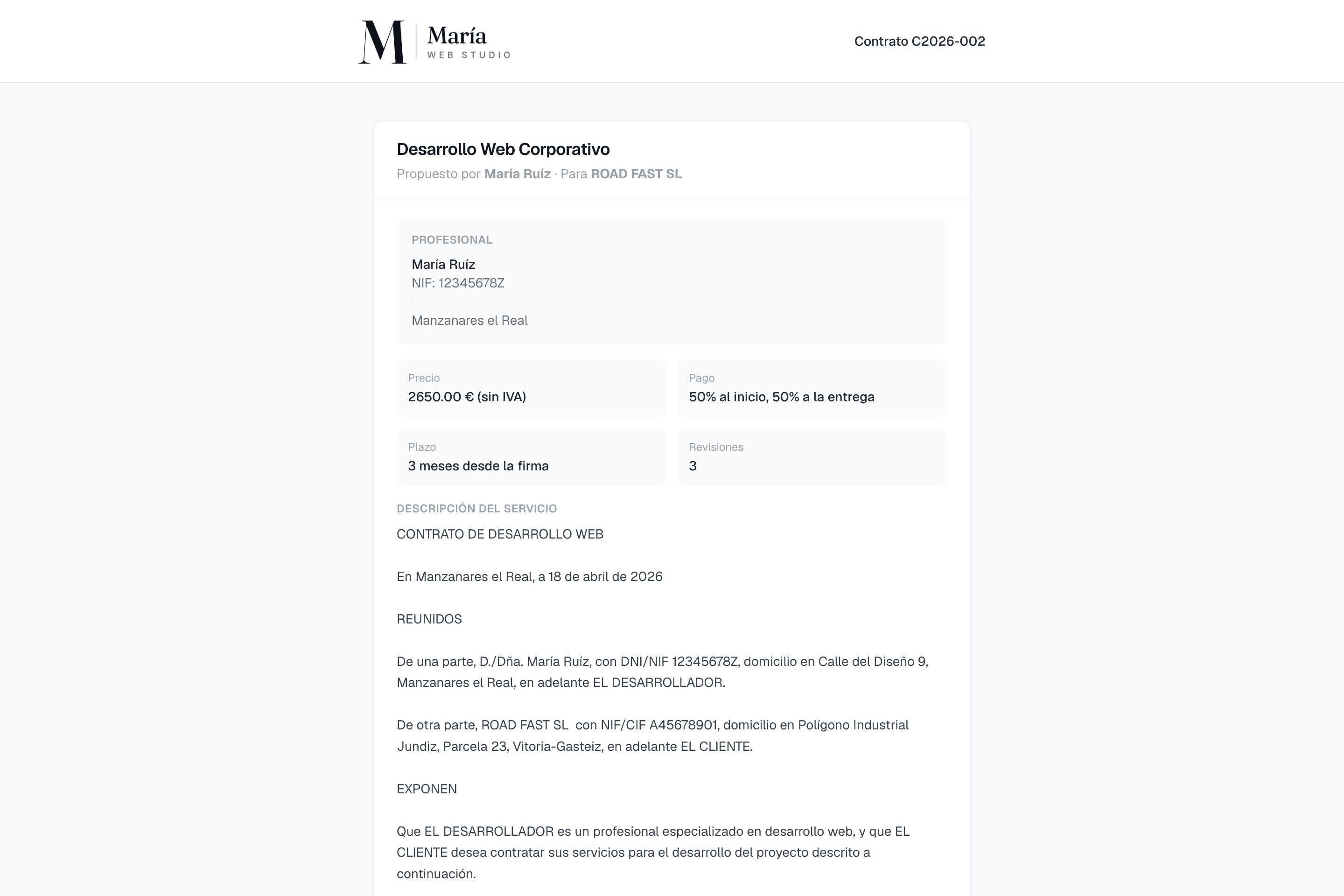 Vista pública de un contrato listo para firmar